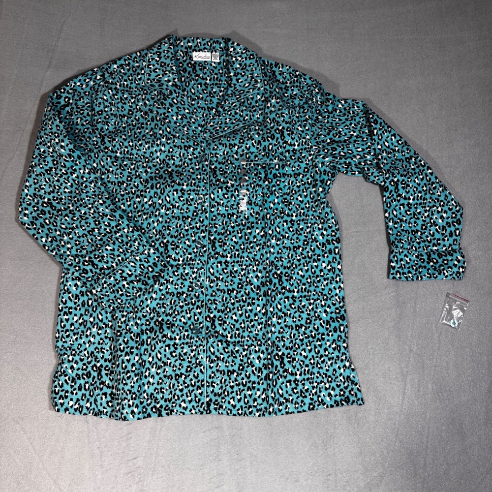 Kim Rogers Intimates Teal Leopard Print Pajama Set Cotton Button Down Mens L - Picture 3 of 7